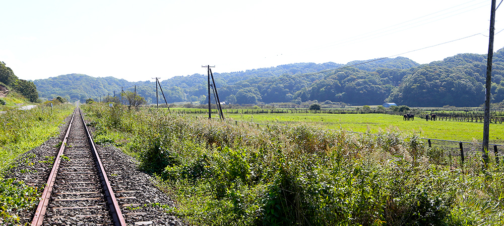 線路沿に観える牧場